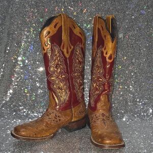 Beautiful Lucchese Tan And Cadmio Red Heeled Boots- Amazing Leather Detail